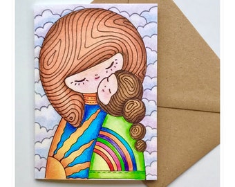 Kokeshi Doll Mother & Baby Art Print Card: Colorful Japanese Design