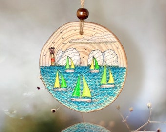 Isle of Wight Art, The Needles, Isle of Wight, Hand-drawn Wood Slice Art, IOW Lighthouse Hanging Decoration, Original Wood Artwork