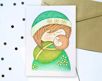 Kokeshi Doll New Baby Card: Mother and Baby Art Print