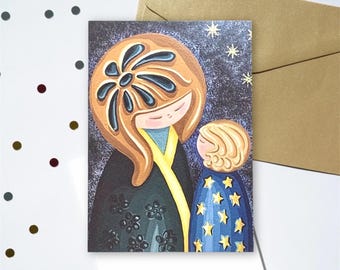 Kokeshi Mother and Baby Art Print Card: Starry Night Greetings