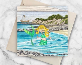 Isle of Wight Greetings Card, Mermaid at Steephill Cove, Isle of Wight Art Print Card, Quirky Greetings Card, Cute Card for Her