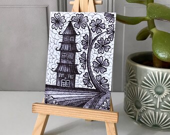 Japanese Pagoda Drawing, ACEO ORIGINAL Pen and Ink Drawing, Artist Trading Card, Miniature Art