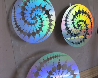 Crop Circle Sticker. Juliet Set Fractal.  Prismatic  Rainbow Silver in  11.5" or 7.75"  OR 7.75" Prism Silver on Sparkle Black Deep Space.