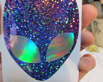 Higher Dimensional Being Face Sticker.  Sparkle Purple Face/ Prismatic Rainbow Silver Eyes.  2.75" x 3.77" Size