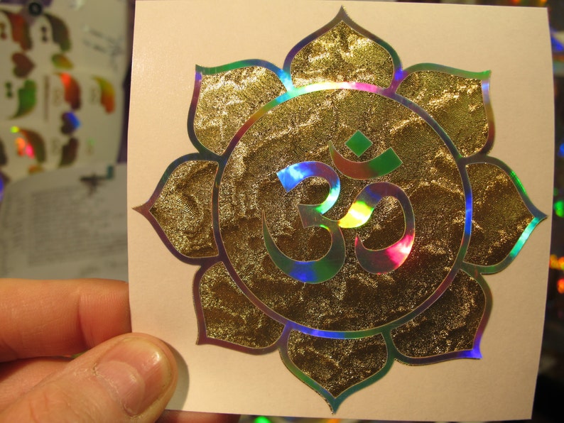 OM In Lotus. Sticker/Decal. Avalon II Edition. Prismatic. Rainbow Silver/Gold Leaf vinyl. 3.75 size. image 4