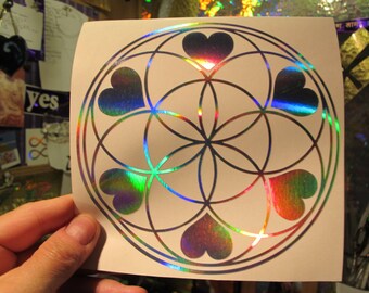 Heart Seed of Life Sticker- Rainbow Silver- 5.75" Size