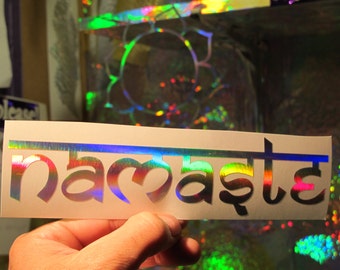 Namaste Vinyl Sticker/ Window Decal-  Prismatic Rainbow Silver