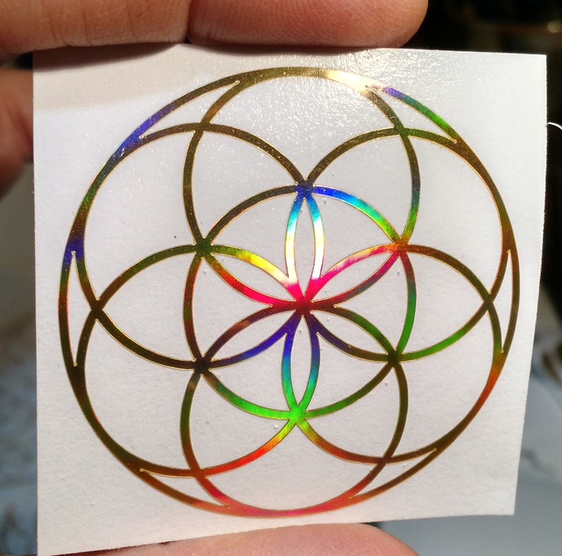 Seed of Life Sticker. 3 Size. Prismatic Rainbow Silver or Gold. image 1