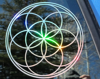 MEDIUM 7.75" Size Seed of Life Sticker.  Prismatic Rainbow Silver or Rainbow Gold.