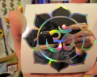 OM In Lotus. Sticker. Decal.  Prismatic.  Rainbow Silver and Chrome vinyl. 3.75" size.