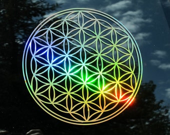 Flower of Life Sticker, Prismatic  Rainbow Gold or Silver, Medium or Small Size