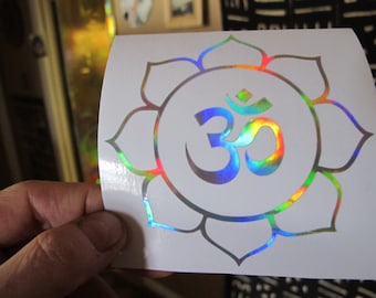 OM In Lotus. Sticker. Decal.  Prismatic.  Prismatic Rainbow Silver vinyl. 3.75" size.