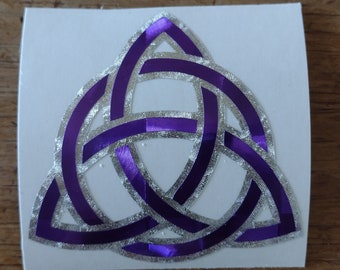 Celtic Trinity Knot. Triquetra.  Sticker. Pendragon Edition.  Wee 2.5" Size.  Prismatic.  Prism Mirror Purple/ Silver Leaf vinyl..