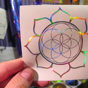 Lotus Seed of Life Sticker, Prismatic Rainbow Silver,  3.75" Size