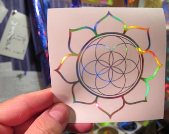 Lotus Seed of Life Sticker, Prismatic Rainbow Silver,  3.75" Size