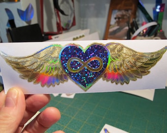 WINGED HEART Vinyl Sticker/ Window Decal. Prismatic Rainbow Silver or Gold wings.