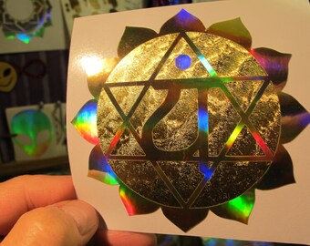 Heart Chakra Symbol. Sticker. Decal.  Prismatic Rainbow Gold/ Gold Leaf Vinyl. 3.75" size.