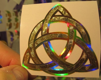 Celtic Trinity Knot. Triquetra.  Sticker. Avalon Edition.  Wee 2.5" Size.  Prismatic.  Rainbow Gold/ Gold Leaf vinyl..