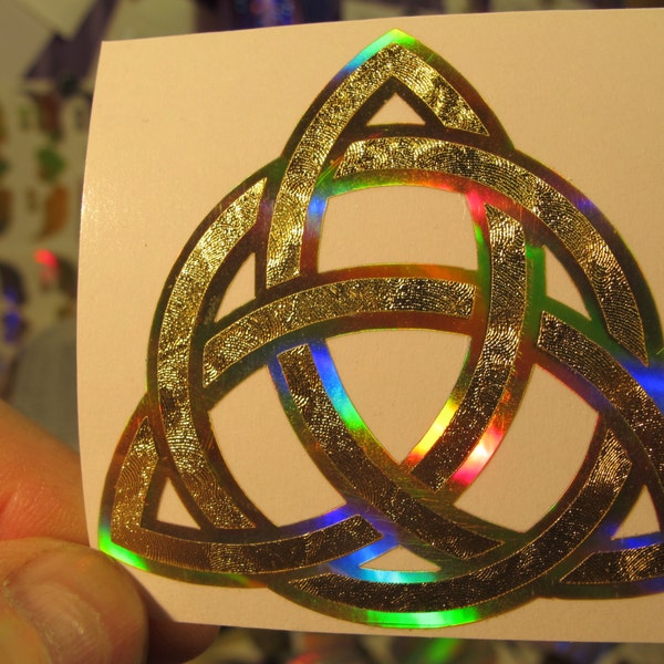 Celtic Trinity Knot. Triquetra.  Sticker. Avalon Edition.  Wee 2.5" Size.  Prismatic.  Rainbow Gold/ Gold Leaf vinyl..