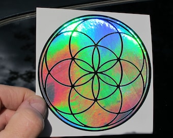 Seed of Life Vinyl Sticker, Dual Layer, Prismatic Rainbow Silver/ Chrome 4"
