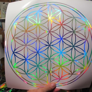 LARGE Flower of Life Sticker. Prismatic  Rainbow Silver.  11.5&quot;