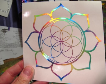 Lotus Seed of Life Sticker.  Vinyl Graphic. Prismatic Rainbow Silver.  5.75" Size