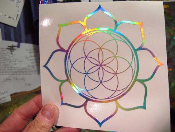 Lotus Seed of Life Sticker.  Vinyl Graphic. Prismatic Rainbow Silver.  5.75" Size