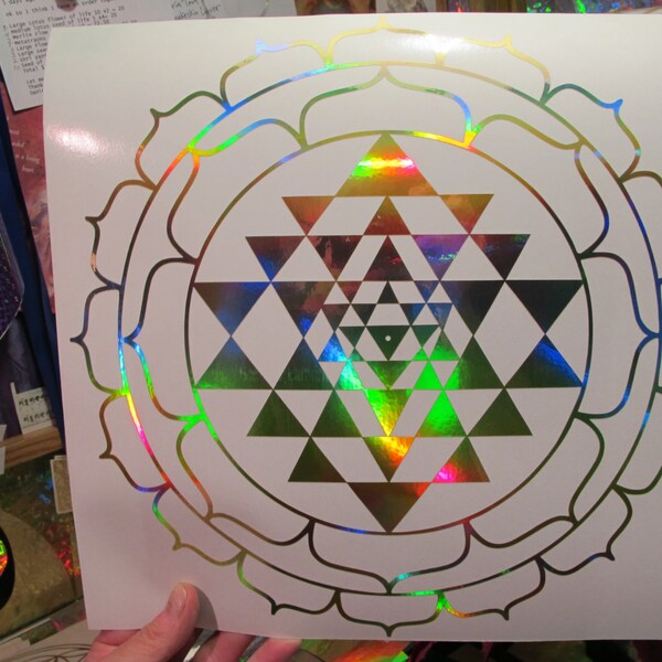 Sri Yantra Lotus, Sticker, Window Decal, 11.5" or 7.75",  Prismatic Rainbow Gold or Silver Vinyl