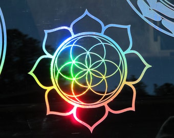 Lotus Seed of Life, Sticker,  Medium 7.75" Size,  Prismatic Rainbow Silver