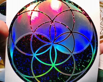 Yin Yang Seed of Life Sticker. Deep Space Edition. Decal.  Prismatic Rainbow Silver on Black. 5.75", 3.75", or 2" sizes.