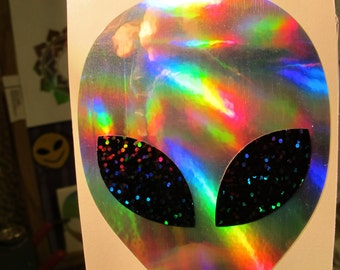 Extraterrestrial Star Being Face Sticker.  Arcturian.  Prismatic Rainbow Silver/ Black Sparkle Eyes.  2.75" x 3.77" Size