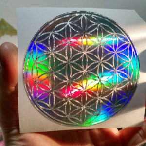 May include: A holographic sticker featuring the Flower of Life pattern. The design is a silver geometric pattern over a rainbow spectrum of colors. The sticker is round and is held in a hand.