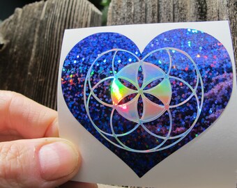 Seed of LOVE Vinyl Sticker, Prismatic Rainbow Silver On Sparkle Purple,   3" Size