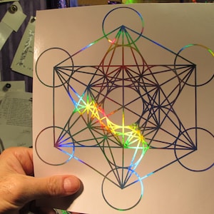 Metatron's Cube, Vinyl Sticker, Window Decal, Prismatic Rainbow Silver, 7-5/8" Size, Medium