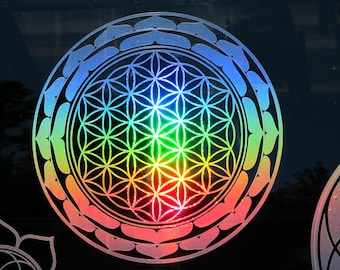 Lotus Flower of Life,  Sticker, Medium 7.75" Size, Prismatic  Rainbow Silver