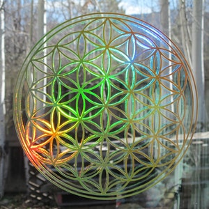 Flower of Life Sticker, Large,  Prismatic  Rainbow Gold, 11.5" Size