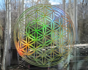 Flower of Life Sticker, Large,  Prismatic  Rainbow Gold, 11.5" Size