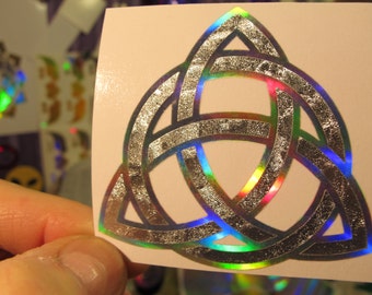 Celtic Trinity Knot. Triquetra.  Sticker. Goddess Edition.  Wee 2.5" Size.  Prismatic.  Rainbow Silver/ Silver Leaf vinyl..