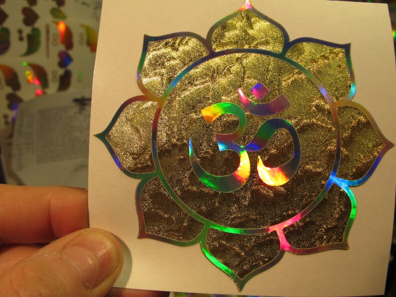 OM In Lotus. Sticker/Decal. Avalon II Edition. Prismatic. Rainbow Silver/Gold Leaf vinyl. 3.75 size. image 2