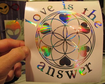 Love Is The Answer Heart Seed of Life Sticker- Rainbow Silver- 5.5" x 6" Size