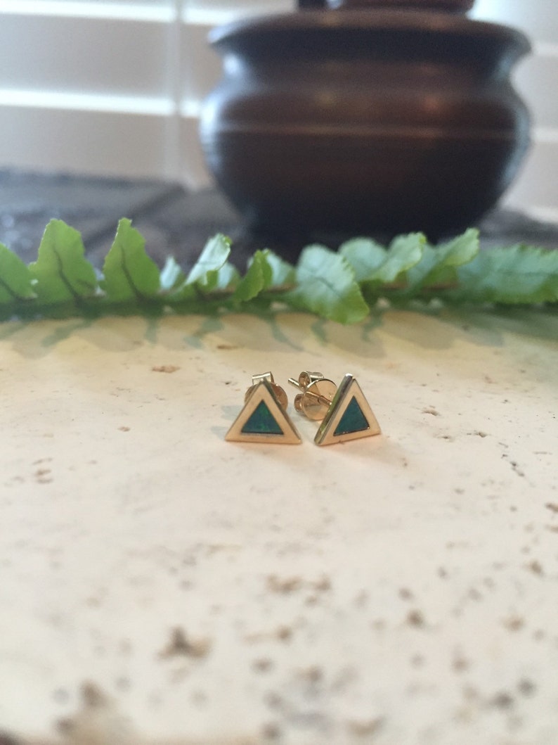 14 Karat Gold Plated Mini Triangle Synthetic White Opal Studs main image 1