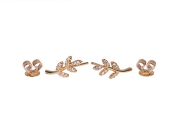 14k goudkleurige diamanten bladoorbellen • Sierlijke vintagestijl