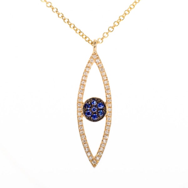 14k Gold Diamond and Sapphire Evil Eye Necklace/ Long Evil Eye