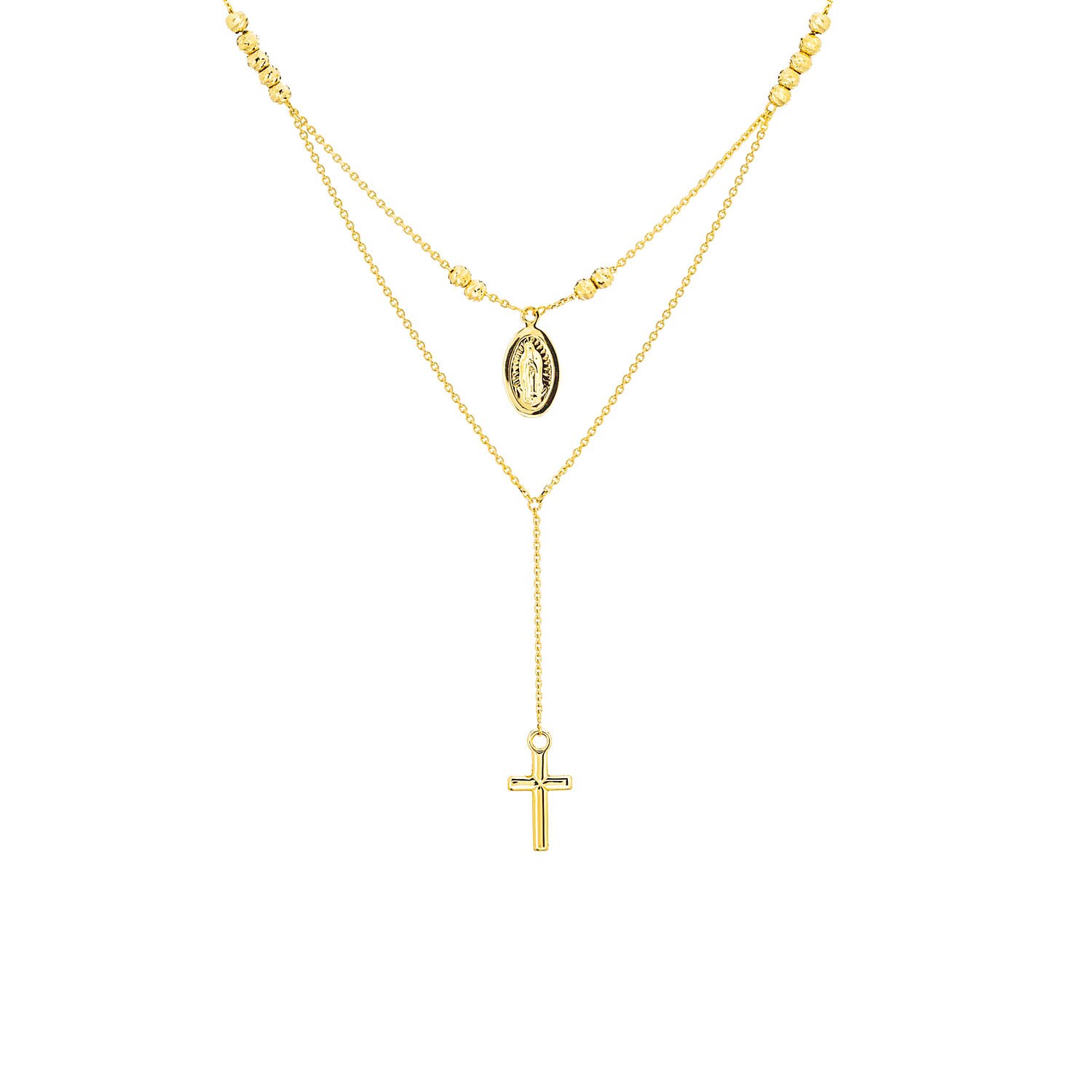 14K Gold Virgin Mary and Cross Layered 