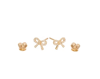 14k Gold Diamond Bow Earrings/ Anniversary/Birthday/Wedding/Graduation