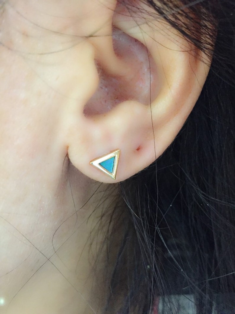 14 Karat Gold Plated Mini Triangle Synthetic White Opal Studs main image 0