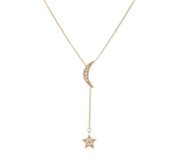 14k Yellow Gold Moon and Star Lariat Necklace-bridesmaids