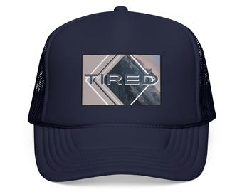 Tired Graphic Trucker Cap | Retro Geometric Patch, Distressed Text