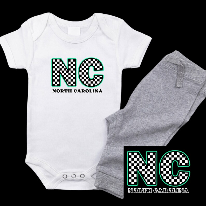 May include: White baby onesie with a black and white chequered 'NC' for North Carolina. Matching grey sweatpants with the same design.