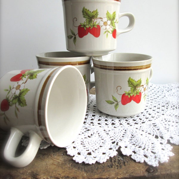 Vintage Coffee Mug Set  Stoneware coffee mugs coffee cups wild strawberry serving  retro housewares  kitchen serving